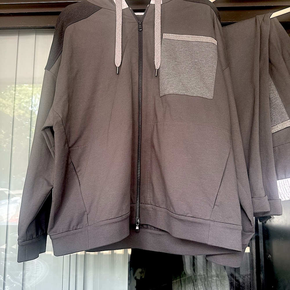 Brunello Cucinelli Gray Rhinestone hooded Zip-Up Tracksuit. NWT GORGEOUS